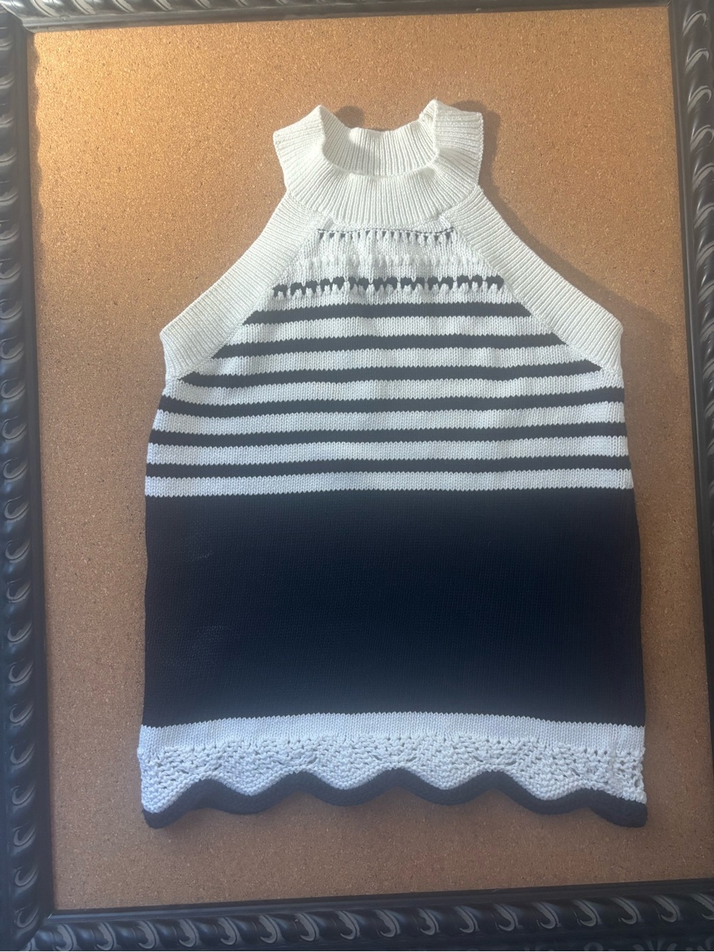 LOFT Black and White Striped Knit Halter Top with Scallop Hem